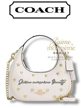 Coach Valentine's 2026 Cream and Gold Heart Studded Carmen Shoulder Bag - NEW